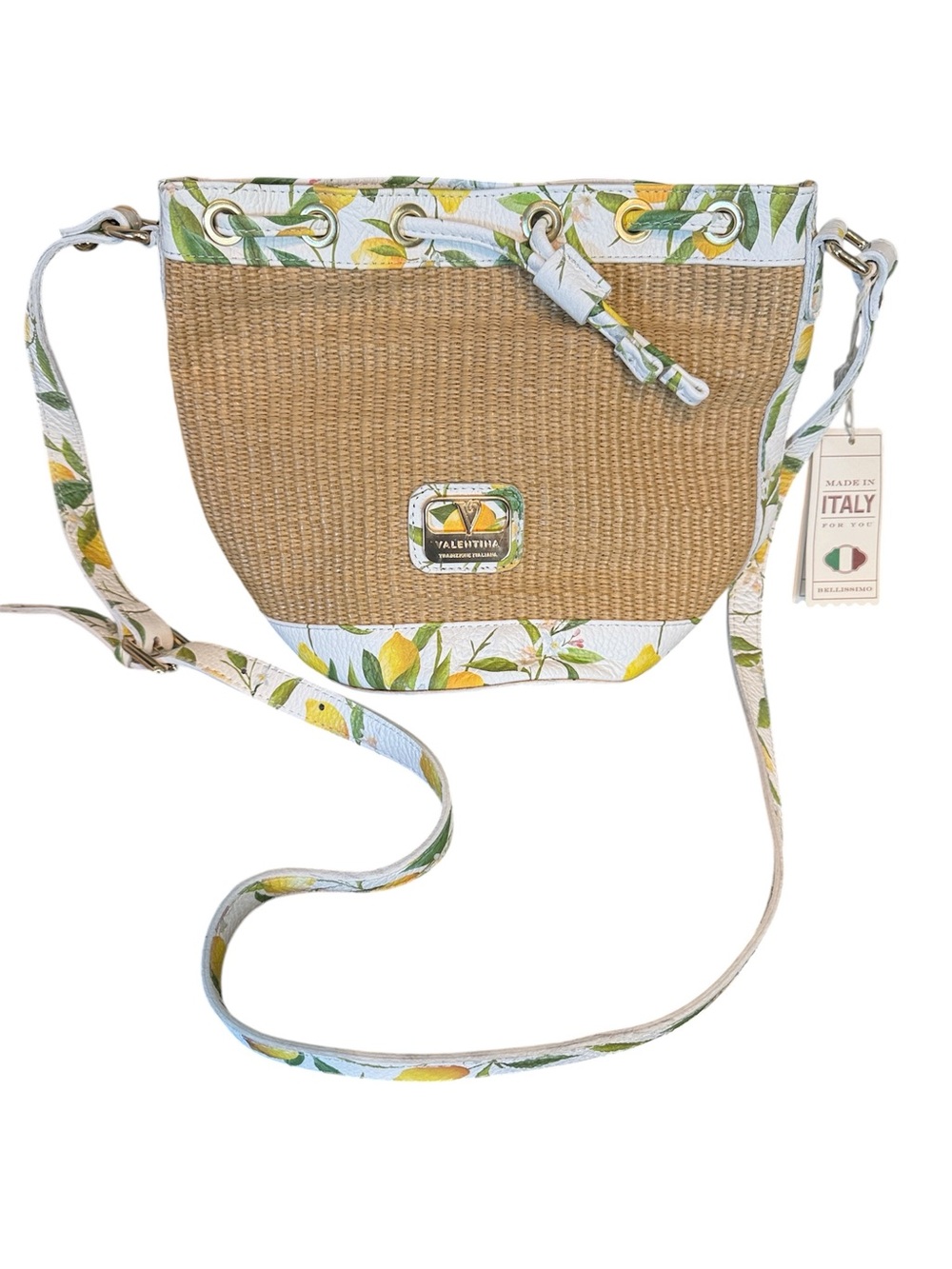 Valentina Raffia Lemon Print Leather Trim Crossbody Bucket Bag Made In Italy NWT